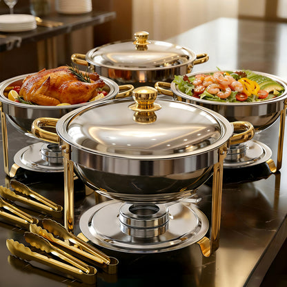 ALSO GO Round Chafing Dishes for Buffet with 4 Serving Tongs, 4 Pack 6QT Chafing Dishes Buffet Set, Golden Stainless Steel Catering Food Warmer for for Party, Gathering,Wedding