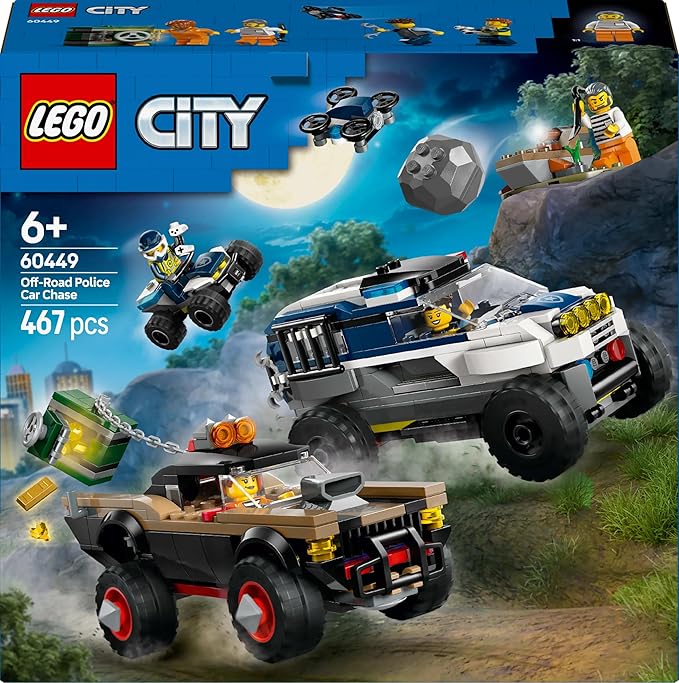 Lego tbd-60449 New title: LEGO City Off-Road Police Chase Action Set – Police SUV Crook Pickup Quad Bike &amp Drone | Kids Construction Toy - 60449