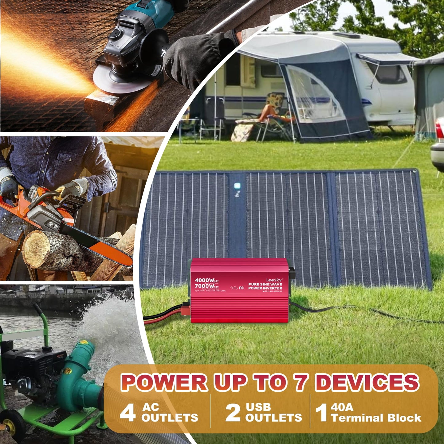 LEESKY 4000 Watt Pure Sine Wave Inverter 12V DC to 110V 120V AC, 7000W Surge Peak for 2 Seconds, Lithium LiFePO4 Battery Compatible Power Inverter for RV, Truck, Off-Grid Solar System, Home Backup