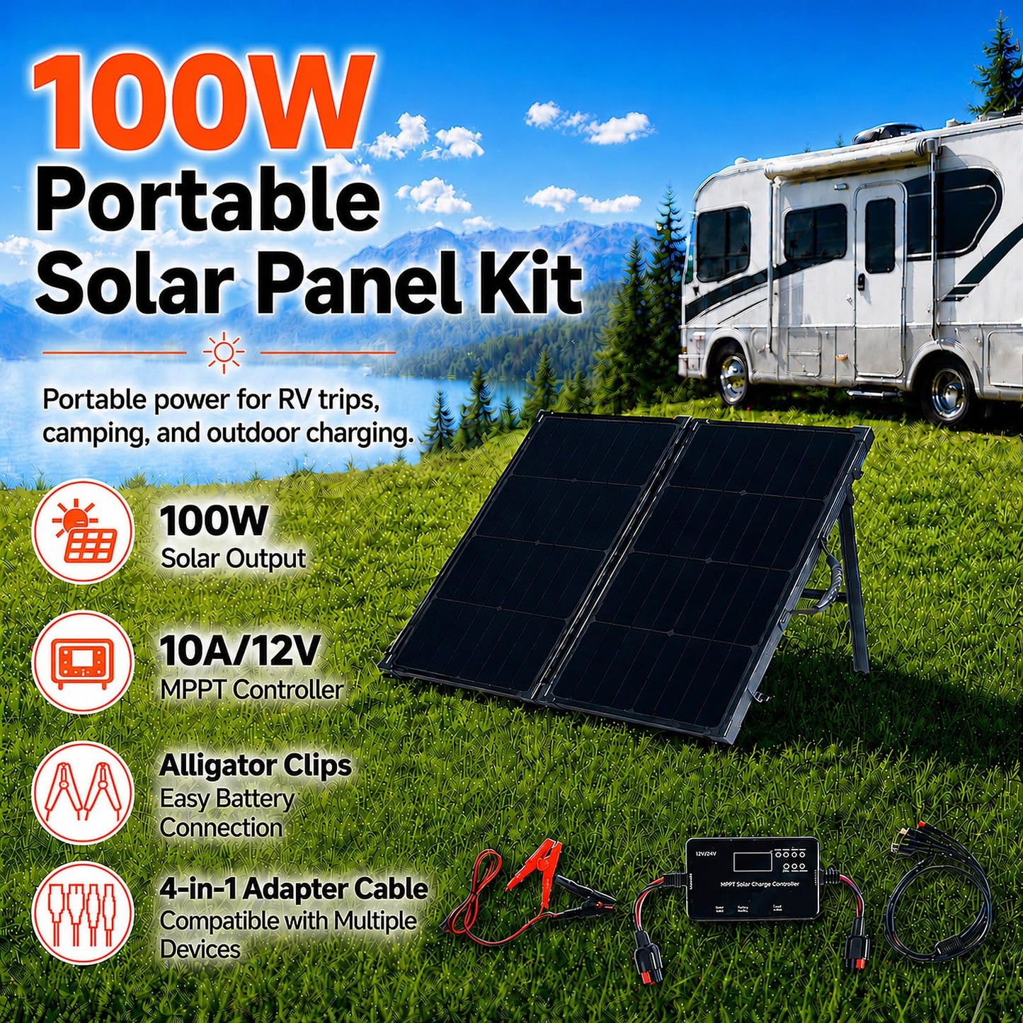 TOPRAY Solar 100W Portable Foldable Solar Panel Suitcase with 10A/12V MPPT Controller & 4-in-1 Adapter Cable, 25% High-Efficiency Solar Panel Charger for Portable Power Stations & 12V Batteries