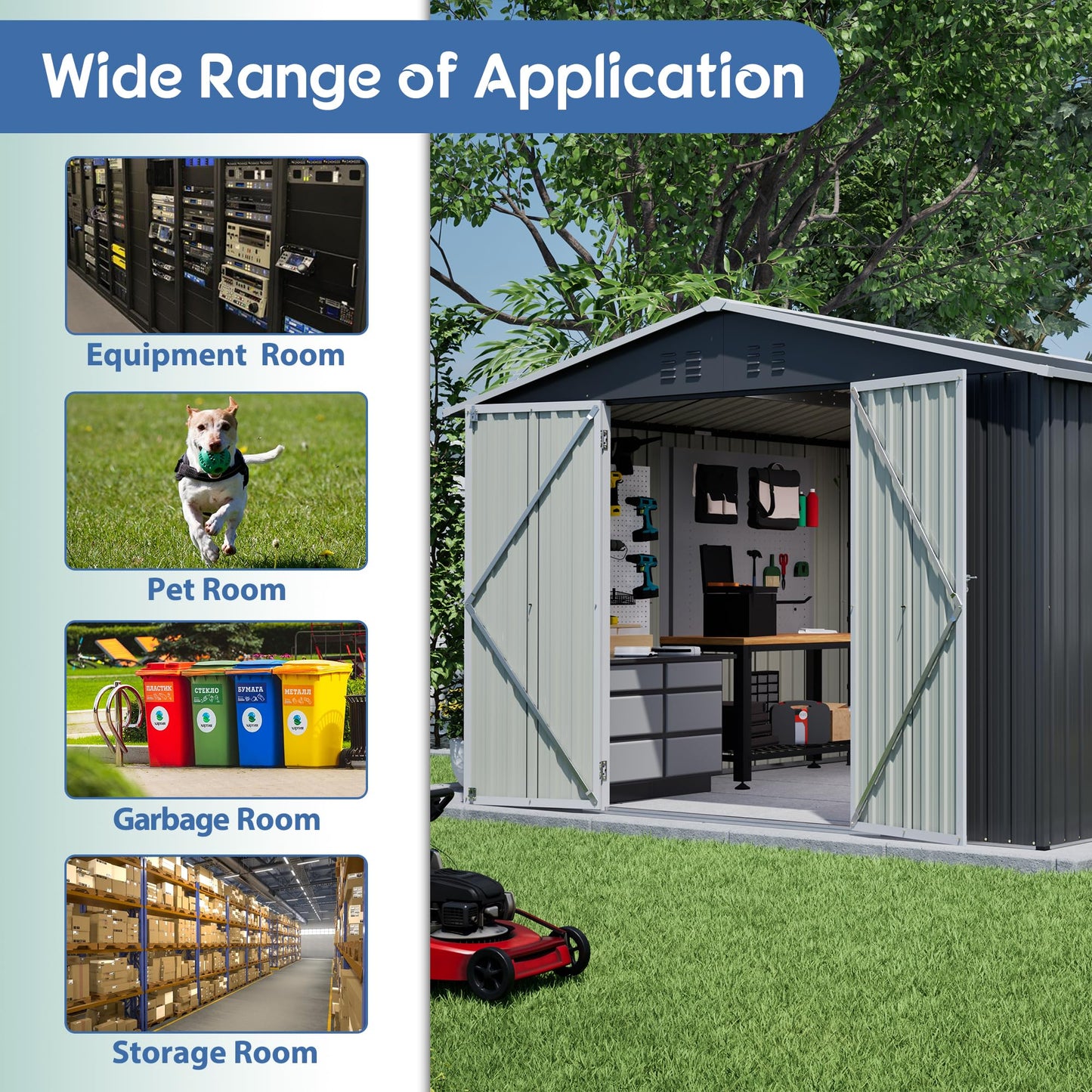 10'x10' Galvanized Steel Outdoor Storage Shed with Lockable Sliding Double French Doors & Top Air Vents, Large Heavy-Duty Garden Tool Shed, Black