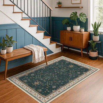 Hazo Haus Dark Green 4x6 Living Room Rug - Modern Vintage Boho Floral Design | Washable Non-Slip Area Rug for Home & Office