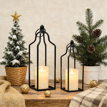 Rustic Farmhouse Decor Metal Lantern Set of 2 Decorative Lanterns for Home Indoor Outdoor Living Room, Fireplace, Patio, Wedding & Kitchen Table Centerpieces (Black, 14.5" 12.2")