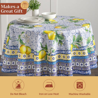 Maison d' Hermine Table Cloth Round Table 100% Cotton 63 Round Inches Tablecloth Reusable Decorative for Dining Kitchen Room Farmhouse Home Gifts for Mothers Day Spring Summer - Citrus