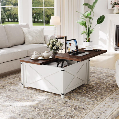 GarveeHome Hydraulic Lift Top Coffee Table with Hidden Storage, Farmhouse Industrial Style Accent Table, Sturdy Wood & Metal Construction, Safe Lift Mechanism, for Living Room Office