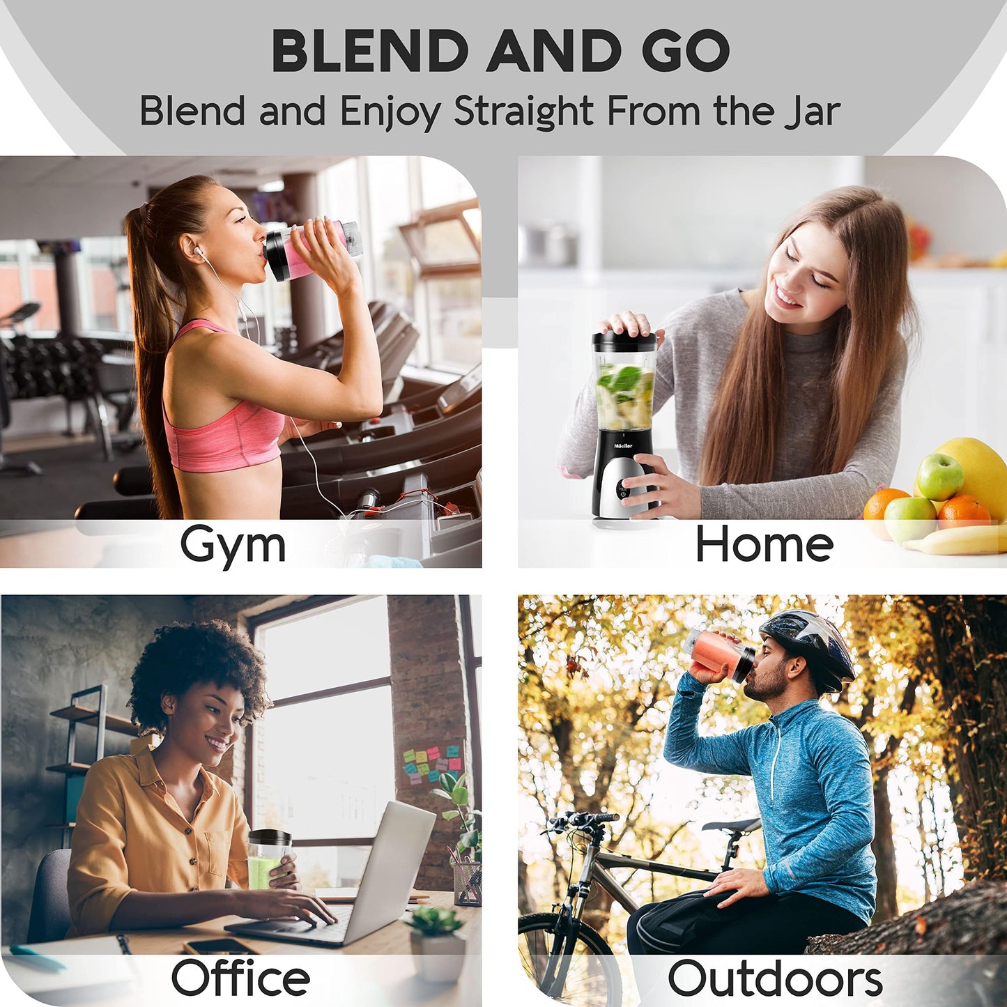 Mueller Smoothie Blender for Smoothies - Personal Blender for Shakes, Frozen Drinks, Baby Food & More, 15oz Travel Cup and Lid, Durable Stainless Steel Blades for Powerful Blending Performance, Black