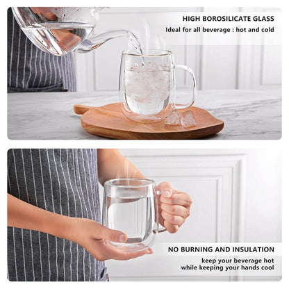 CNGLASS Large Double Wall Glass Coffee Mug 15.2oz,Clear Insulated Glass Espresso Cup with Big Handle,Clear Glass Espresso Mugs for Latte,Cappuccino,Tea Bag,Hot and Cold Beverages,set of 4