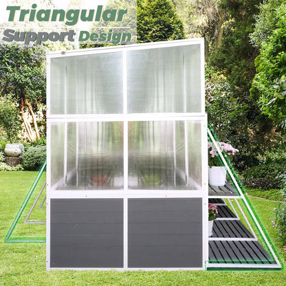 KEIKI Outdoor Polycarbonate Greenhouse Wooden Lean to Greenhouses, Heavy Duty Walk-in Green House w/ Triangular Support, Adjustable Roof & Shelves, Large Hot House for Sunroom Storage Shed, Garden