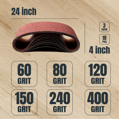 WEN 6524 Oscillating Belt and Spindle Sander & POWERTEC 4 x 24 Inch Sanding Belts, 3 Each of 60 80 120 150 240 400 Grits, 18PK