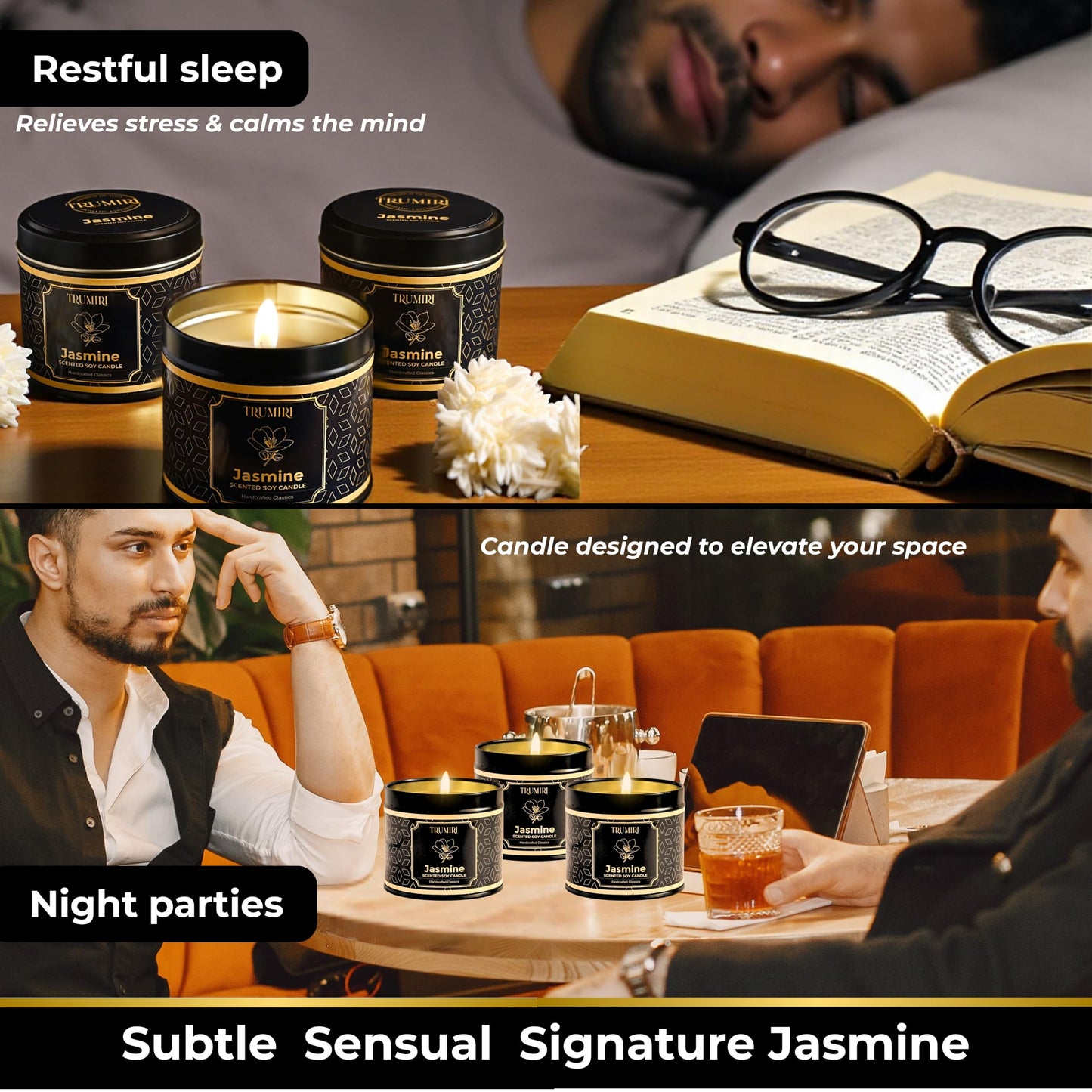 Jasmine Candle Strong Scented Soy Candel Clean Non Toxic Velas Aromáticas for Women Gift for Diwali Pack of 3 5Oz Decorative Tin Jars with Lids