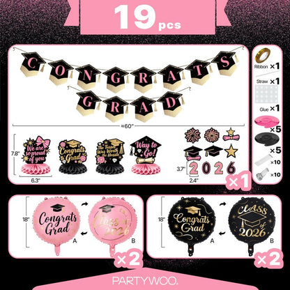 PartyWoo Graduation Decorations Class of 2026 Black Gold Pink 19pcs Grad Party Supplies with Congrats 2026 Grad Banner Hanging Swirls Foil Balloons Graduation Cap Centerpieces Party Decorations