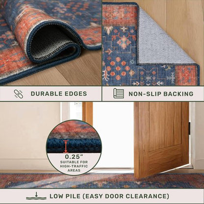 Hazo Haus Washable 2x4 Entry Rug - Non-Slip Rubber Backed for Indoor Use | Perfect for Farmhouse & Boho Décor (Navy Blue)