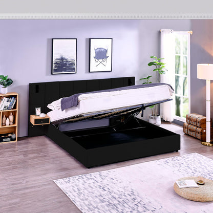 KEIKI King Size Storage Velvet Upholstered Hydraulic Lift Platform Bed with 2 Shelves, 2 Reading Lamps and USB Port, Modern King Bed Frame with Headboard, Space Saving, Black