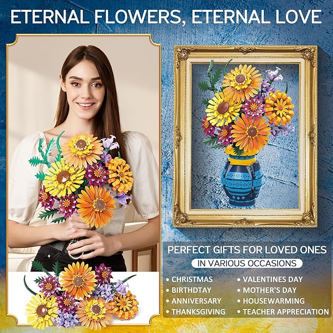 Flower Bouquet Building Blocks Set with Vase Mothers Day Mom Grandma Gifts 1065PCS Artificial Sunflower Botanical Nurse Teacher Appreciation Birthday Gifts for Wife Women Her Him Teen Girls Adults