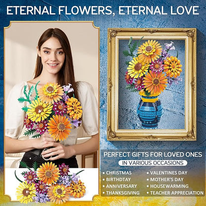 Flower Bouquet Building Blocks Set with Vase Mothers Day Mom Grandma Gifts 1065PCS Artificial Sunflower Botanical Nurse Teacher Appreciation Birthday Gifts for Wife Women Her Him Teen Girls Adults