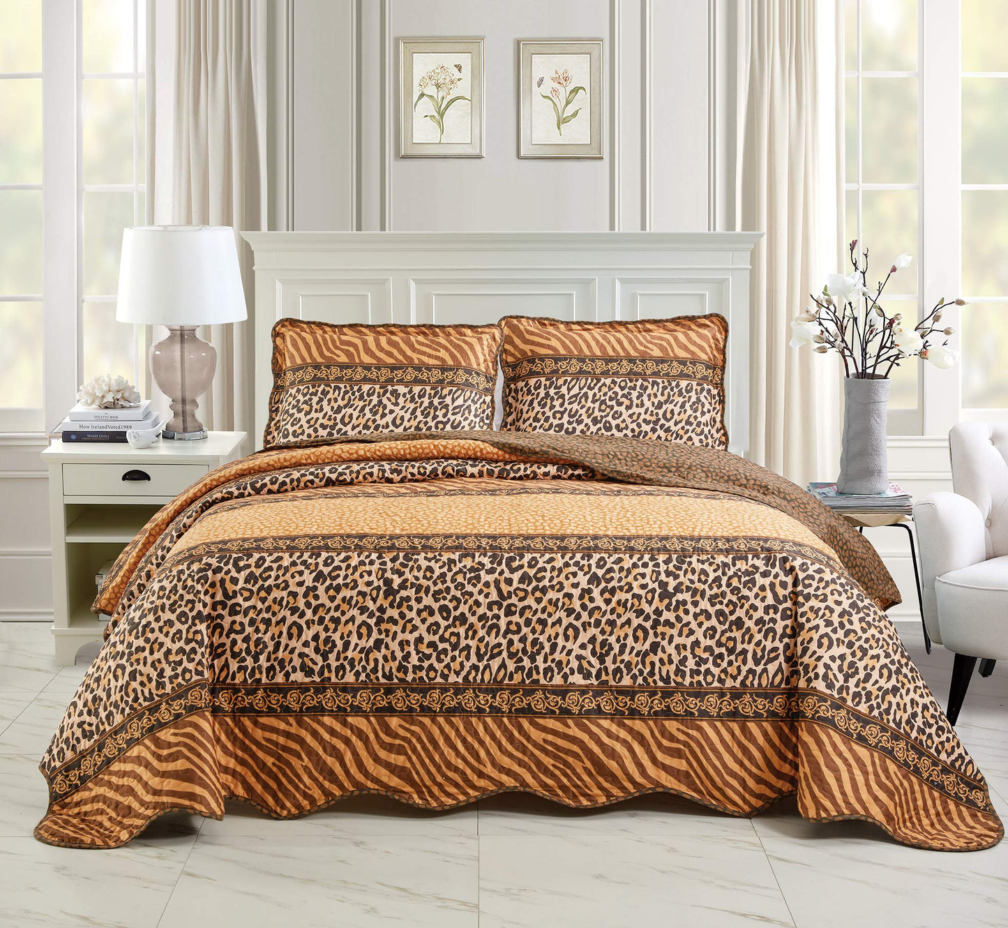 Masterplay 3-Piece Fine Animal Print Oversize (118" X 95") Quilt Set, Bedspread Coverlet (Caifornia) Cal King Size Bed Cover (Leopard Tiger Brown Black Stripe)