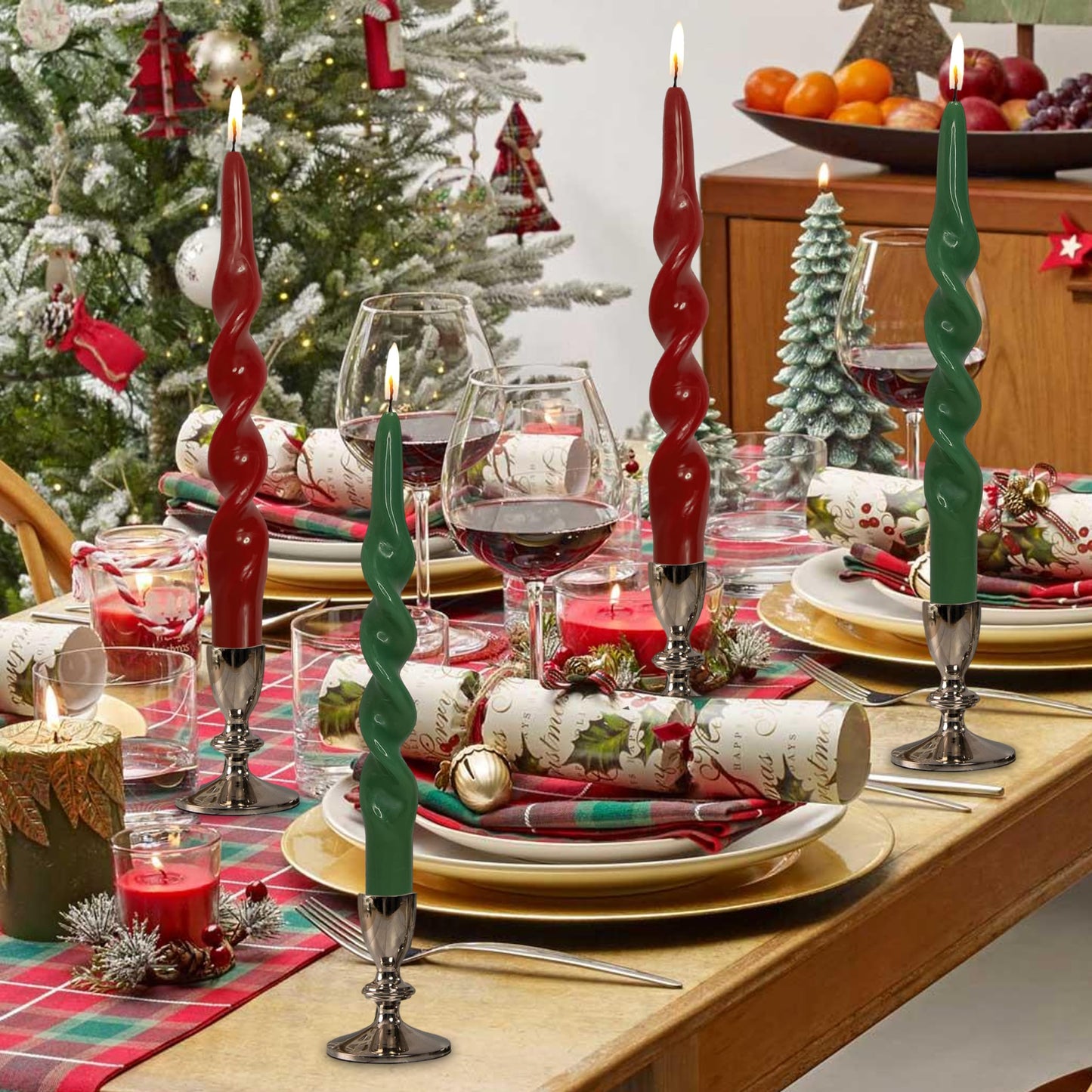Spiral Taper Candles Set of 4, Red Green 10 Inch Handmade Candle Stick, Unscented Candlesticks, Tapered Candles for Christmas Holiday Dinner Table Decor Gift