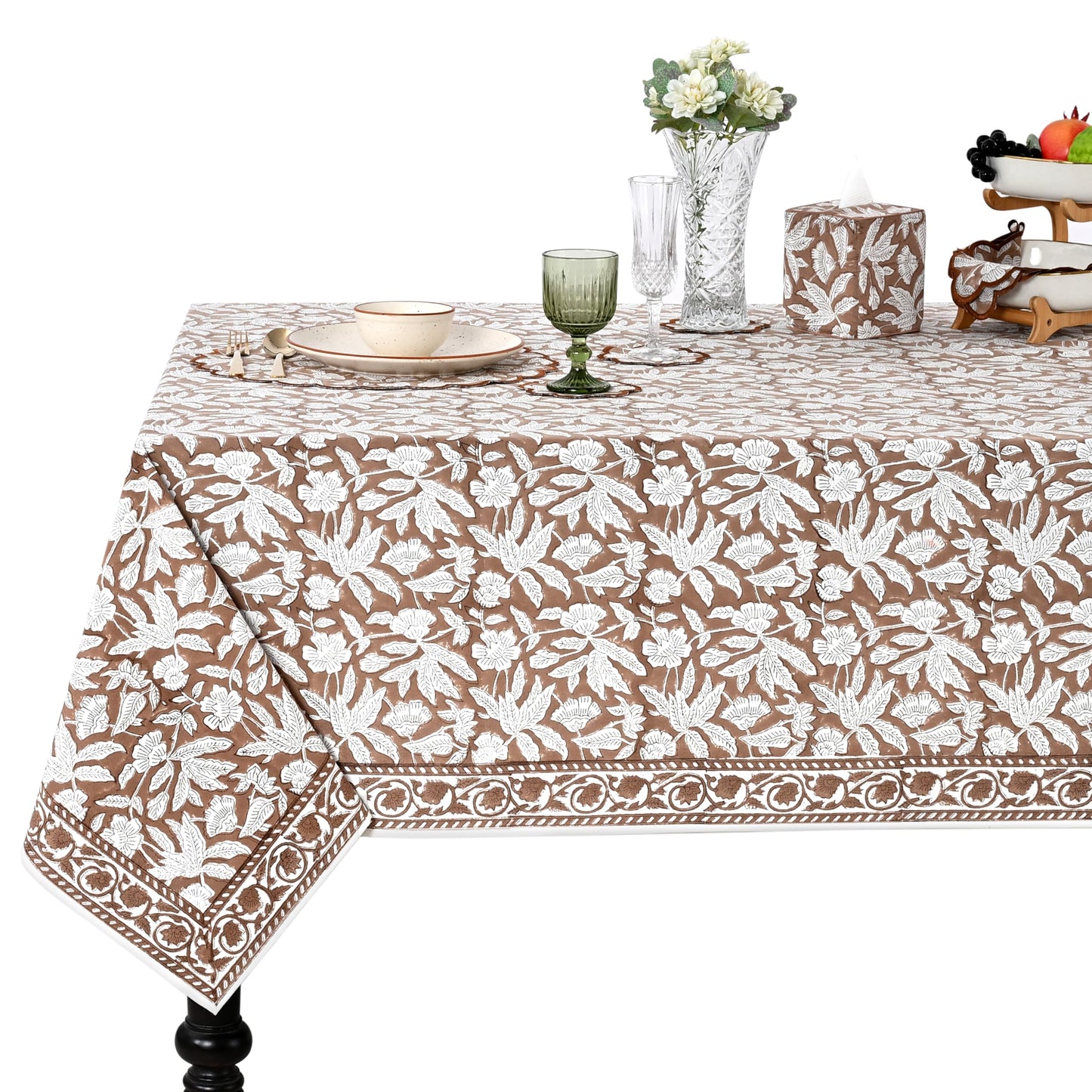 Ridhi Oak Brown Hand Block Print Cotton Rectangle Tablecloth 102" x 48" inches Reusable Table Cover Decorative Everyday Use for Dining Room, Farmhouse, Home Gift for Spring, Mother's Day