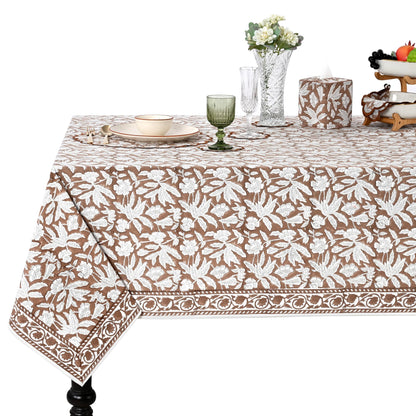 Ridhi Oak Brown Hand Block Print Cotton Rectangle Tablecloth 102" x 48" inches Reusable Table Cover Decorative Everyday Use for Dining Room, Farmhouse, Home Gift for Spring, Mother's Day
