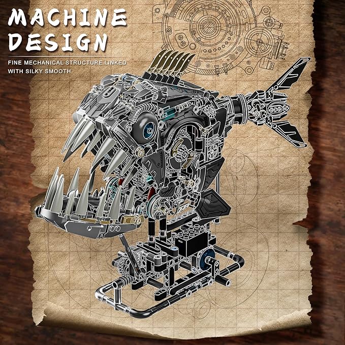 Steampunk Mechanical Piranha Building Set for Adults Creative Killer Fish Animal Collection Toy for Home Office Decor STEM Gift for Teens Boys 14+ (1085PCS)