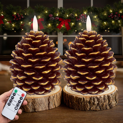AXYLEX Pine Cone Candles Battery Operated, Pinecones with Remote and Timer, LED Flameless Real Wax Flickering Candle for Christmas Decor. H 5.5 Inch, Pack of 2 (Golden-Brown)