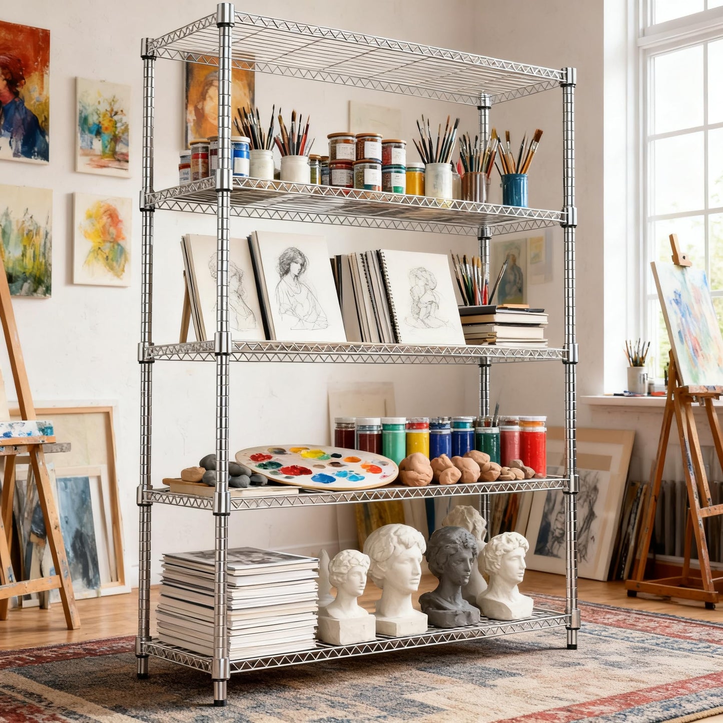 M MZG 1750LBS 47.2" W 5 Tiers Shelf Steel Storage Shelves Metal Shelving Unit Steel Organizer Wire Rack for Home,Kitchen,Office,Garage Chrome 17.7" D x 47.2" W x 72.4" H