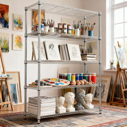 M MZG 1750LBS 47.2" W 5 Tiers Shelf Steel Storage Shelves Metal Shelving Unit Steel Organizer Wire Rack for Home,Kitchen,Office,Garage Chrome 17.7" D x 47.2" W x 72.4" H