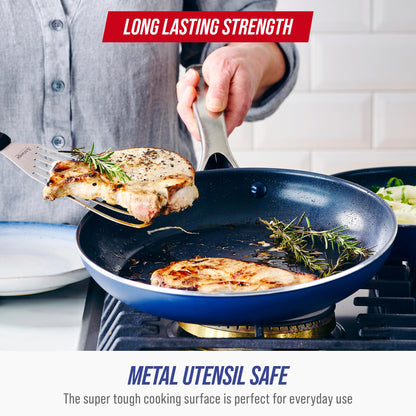 Blue Diamond 9.5” & 11" Nonstick Frying Pan Skillet Set, Diamond Infused PFAS & PTFE-Free Ceramic Pots & Pans, Dishwasher & Oven Safe, Stay Cool Handles, Durable Non Toxic Metal Utensil Safe, Blue