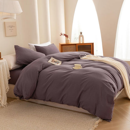 ECOCOTT Lilac Purple Duvet Cover Queen, 100% Washed Cotton 3 Piece Duvet Cover Sets 1 Duvet Cover with Zipper and 2 Pillowcases Bedding Set(Lilac Purple,Queen)