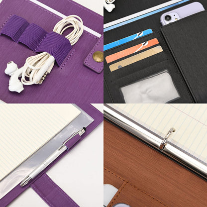 Wonderpool A4 PU Leather Portfolio Holder Ring File Document Case with Removable Binder Clipboard, Multi Pocket and Legal Pad for Business Organizer Interview and Meeting (Black)