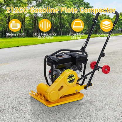 7HP Plate Compactor, 212CC Gas Engine, 4200 lbs Vibratory Compaction Tamper, Plate Power Jumping Jack Tamper, 5600 VPM Pavement Compactor for Walkways, Asphalts, Paver Landscaping