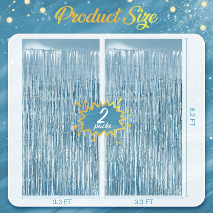 Skiennix Light Blue Fringe Backdrop - 3.2x8.2ft Shining Foil Tinsel Curtains for Parties & Events