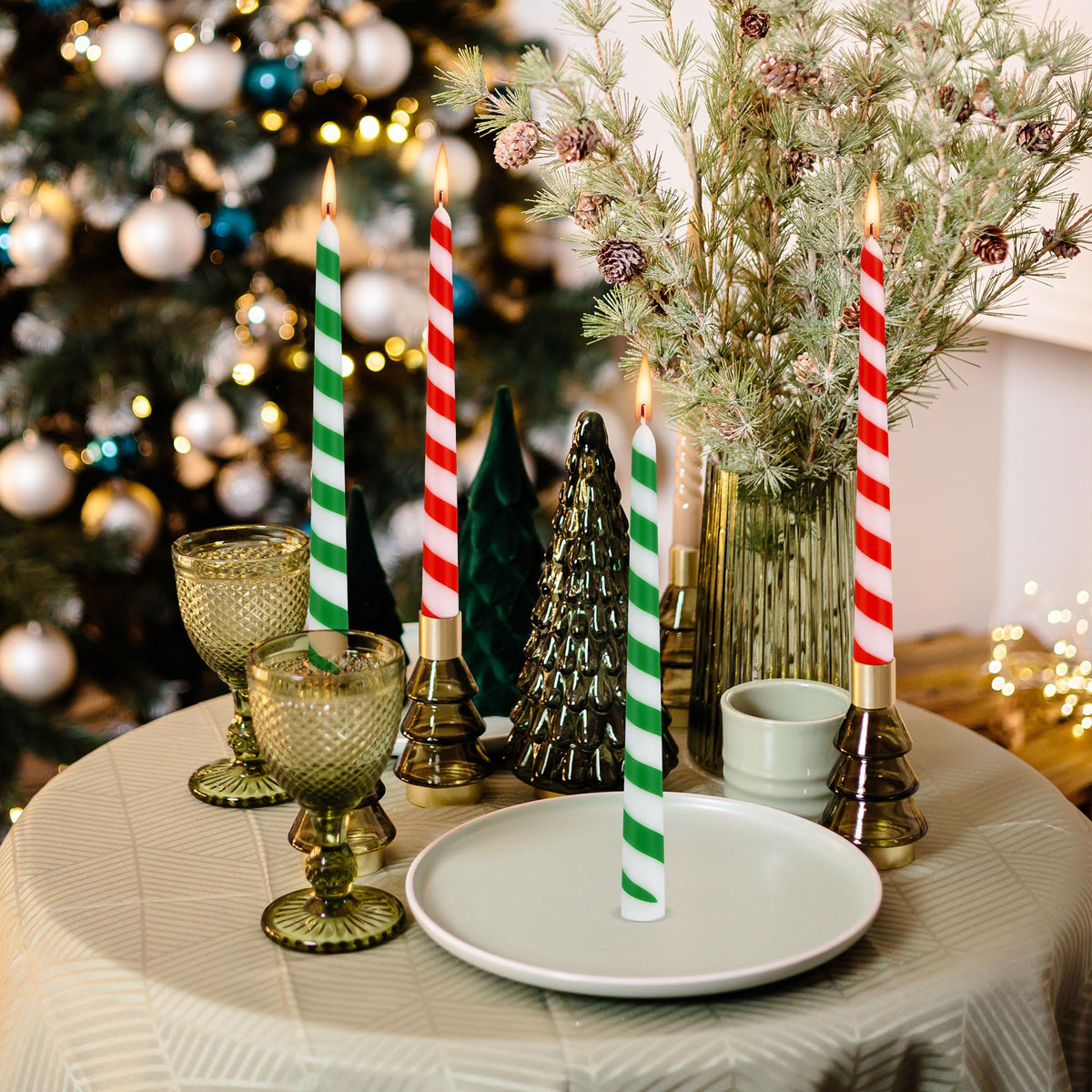 EBaokuup 6 Pcs Christmas Stripe Taper Candles,10 Inch Candy Cane Taper Candles,Red Green Christmas Decorative Tree Candles for Home Table Decor Wedding Party Centerpiece