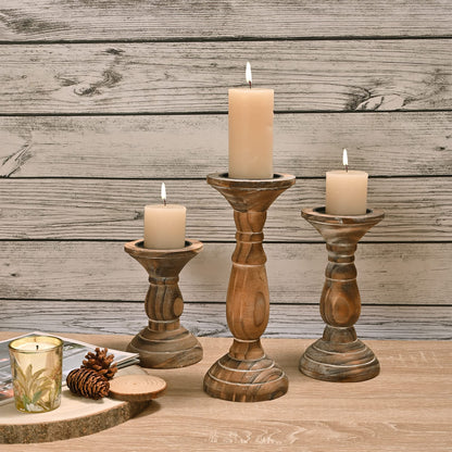 Yorkmills Pillar Candle Holder Set of 3, Farmhouse Decor Living Room Tall Candle Holders for Pillar Candles, Wood Candle Holders for Table Centerpieces Brown Home Decor Kitchen Dining Room Table Decor