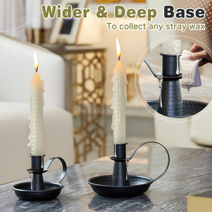 Black Taper Candle Holders, Retro Iron Candlestick Holders with Handle Set of 2 Rustic Iron Portable Candle Stand for Table Centerpiece Farmhouse Fireplace Home Wedding Christmas Decor