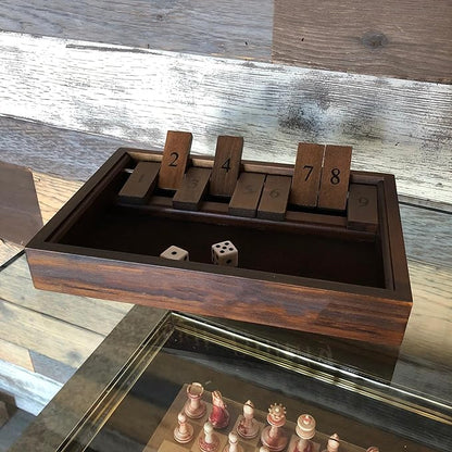 WE Games Shut The Box Game Wooden – 9 Number Flip Tiles with Dark Stained Wooden Box Perfect for Game Night Math Games Clackers Family Games Adult Dice Games Board Games for Adults 11 inches