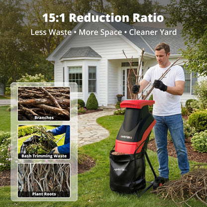 AMERISUN Electric Wood Chipper Shredder 15-Amp, 4200RPM Leaf Mulcher with 1.75-Inch Branch Capacity, Portable Yard Waste Shredder with 50L Collection Bag for Garden, Lawn & Landscaping Cleanup