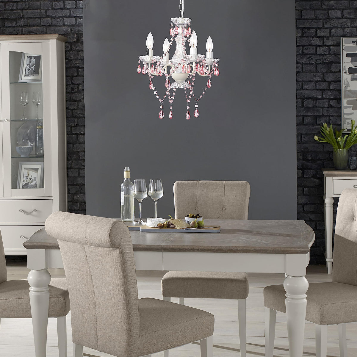 LaLuLa Pink Chandelier White Chandeliers Lighting with Acrylic Crystals Mini 4 Lights Pendant Light for Bedroom and Girls Room