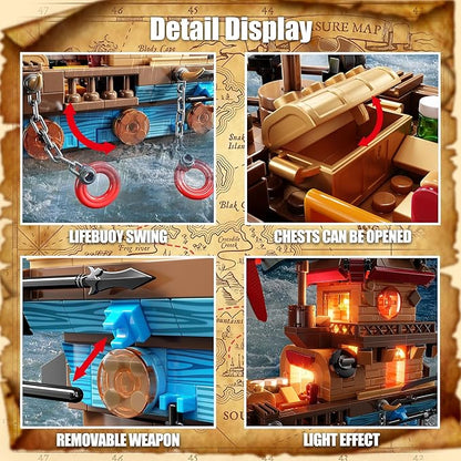 Pirate Ship Building Kit (916 Pcs) with LED Lights - Standard Brick - Compatible Creative Pirate Toy Model - Ideal Gift for Kids Teens Adults &amp Boys Ages 8-12 (Birthday/Christmas/Party)