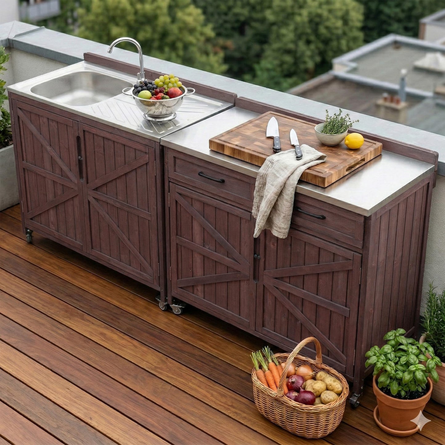 Merax Farmhouse 39.4" Grill Cart with Drawer, Storage Cabinet and Stainless Steel Top, Outdoor Grill Station w/Internal Racks & Lockable Wheels, Modular Kitchen Island for Food Prep & BBQ, Dark Brown