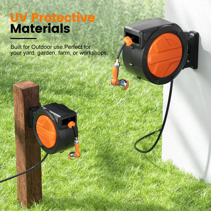 Retractable Garden Hose Reel 5/8” x 100ft, Auto Rewind Hose Reels for Outside, Heavy-Duty Wall-Mounted Outdoor Hose, 10-Mode Nozzle, Adjustable Length, 180° Rotation for Watering, Car Washing