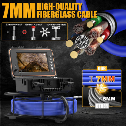 Sewer Camera 100ft, Self Leveling Drain Camera with Meter Counter, 7mm Thick Cable, 9" HD Screen 1080P Plumbing Cameras Snake with Light, 5100mAh Battery Duct Pipe Video Inspection Cam DVR 32GB