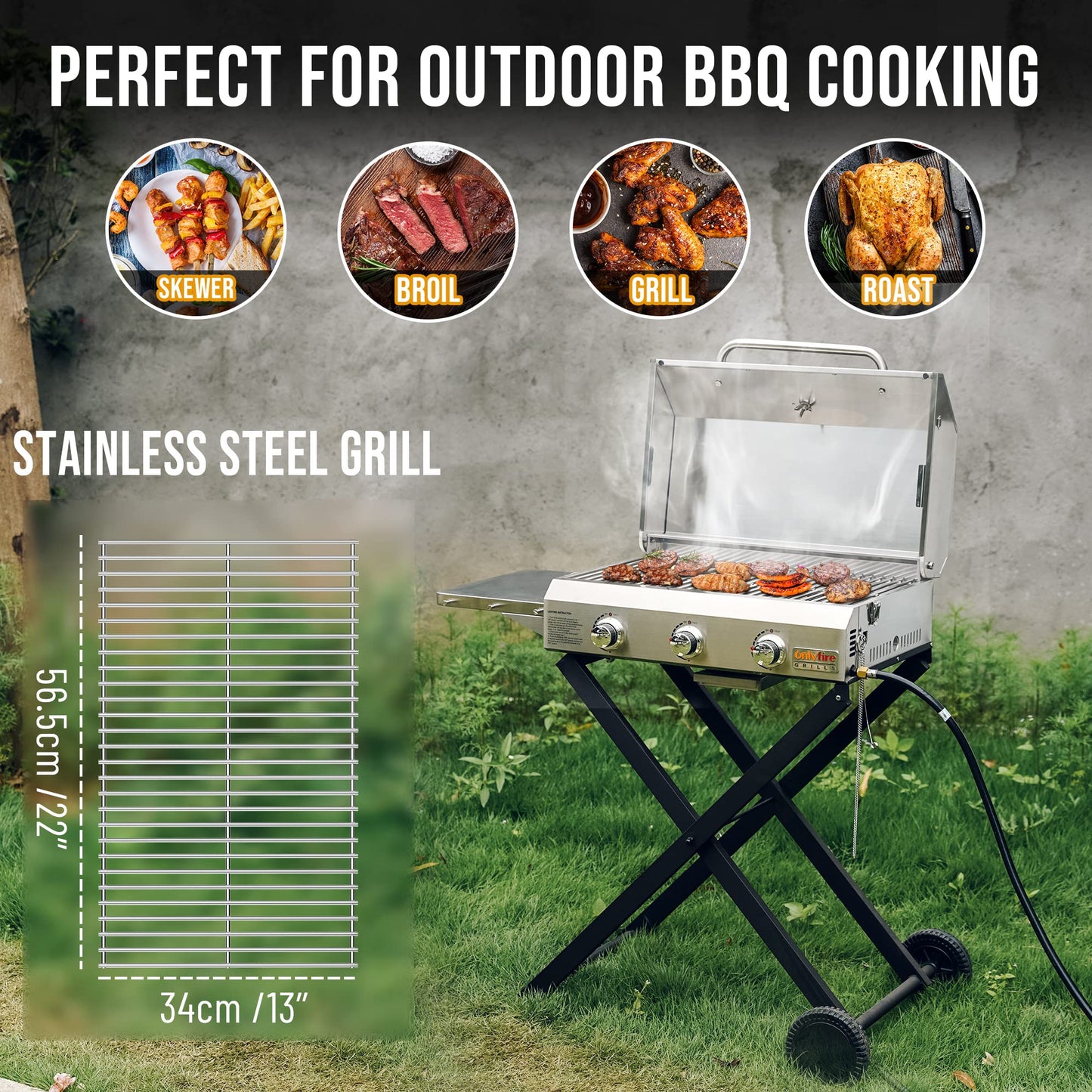 BBQ Gas Grill 3-Burner with Foldable Cart & Side Table, Premium Portable Propane Grill with 22" Cooking Grate for Outdoor Patio Backyard Barbecue Camping Tailgating RV, Stainless Steel, Classic GS308