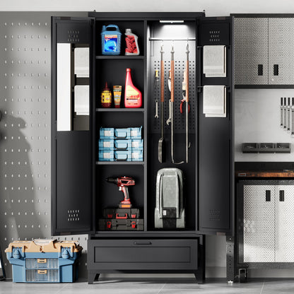YITAHOME 71" Metal Garage Broom Cabinets with Adjustable Shelves, Vacuum Storage Cabinet with Doors and Drawer, Tool Storage Cabinet for Gym, Basement, Warehouse, Black