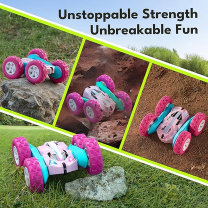Threeking New Remote Control Car RC Flip Stunt Double Sided Driving Cars Toys for Girls Ages 6-12 USB-C Modular Batteries 4WD 360° Flips with Breathing Soft Lights Presents Gifts for Kids Pink