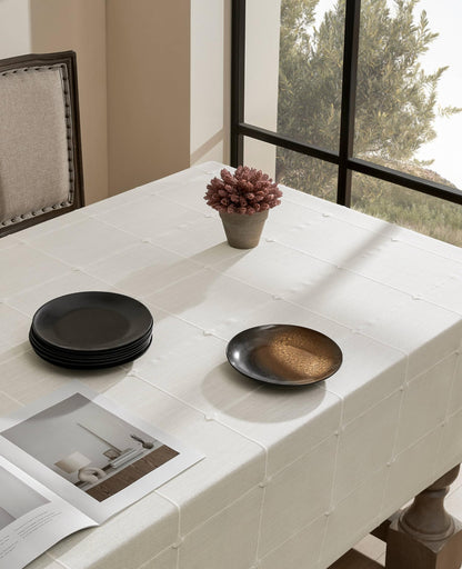 ZeeMart Grid Embroidered Hemmed Tablecloths, Off White 60x120 Inch, Farmhouse Style Heavy Weight Cotton Linen White Tablecloths, Boho Plaid Water Resistant Rectangle Table Cloth
