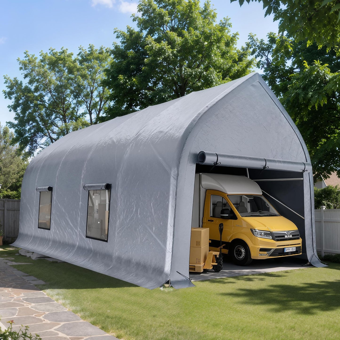 AMERLIFE 12 x 30 FT Walnut-Shaped Outdoor Carport, Heavy Duty Enclosed Portable Garage Shelter with Roll-Up Doors, Weather Resistant Car Shelter for Trucks, Boats, Farm Equipment, Silver Gray