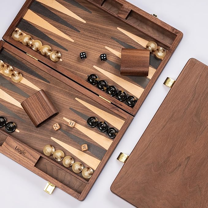 14.5” Premium Natural Walnut Folding Backgammon Sets for Adults and Kids Including 30 Artificial Horn Checkers 2 Walnut Dice Cups and 5 Wooden Dice/Classic Two-Player Strategy Board