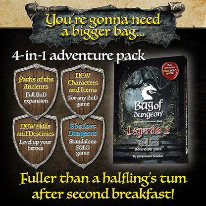 Bag of Dungeon Legends 2: Relics - Paths of the Ancients | 4-in-1 Adventure Pack Expansion for Any Game | Includes Solo Game | RPG Fans | 1–4 Players Ages 7+ | Classic Dungeon Crawler
