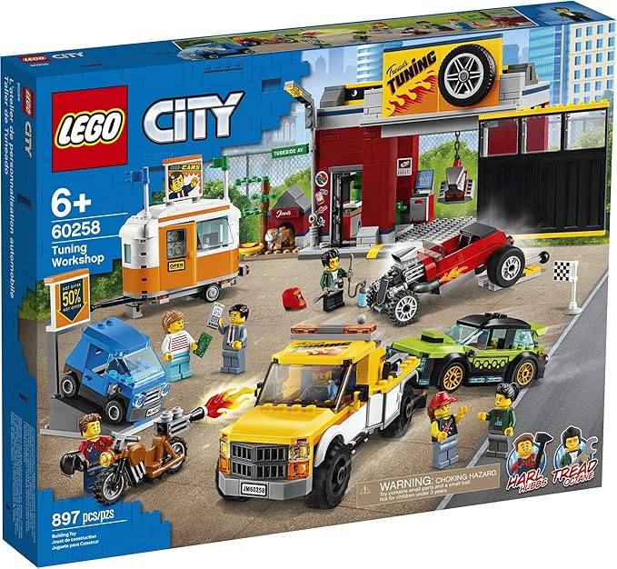 LEGO City Tuning Workshop 60258 Features a Toy Garage Car Shop Camping Trailer Motorcycle Crane and Tow Truck in One Fun Playset Makes a Great Gift for Kids